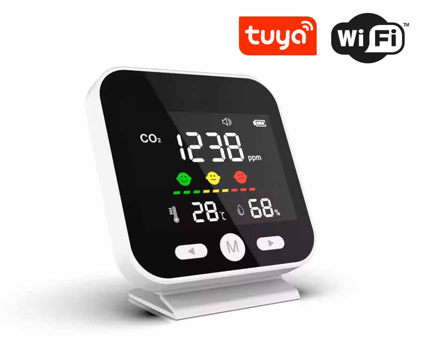 Detektor oxidu uhličitého CO2 s WiFi (tuya), měřením teploty a vlhkosti Hütermann CO2-89W, Měřič 'vydýchanosti vzduchu'