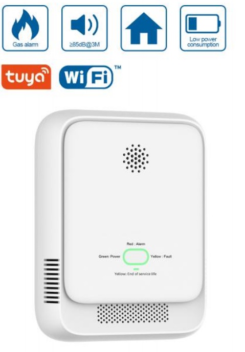 Wifi detektor zemního plynu (CH4) TUYA Smart G2010W s certifikací EN50194-1:2009.