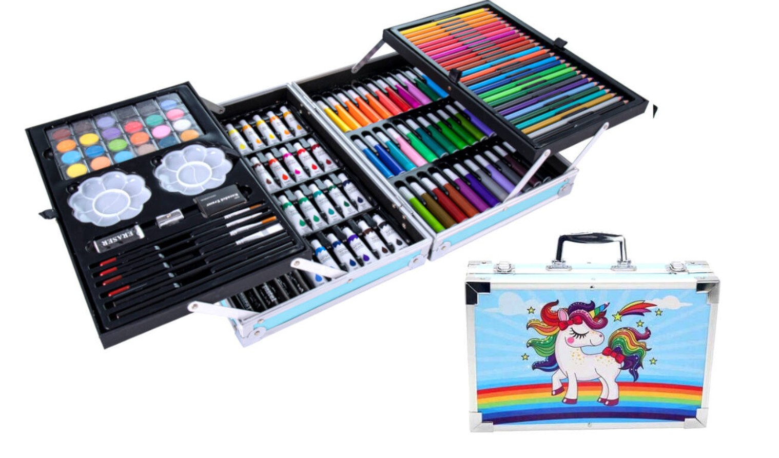 Umělecká sada 145 dílů - hliníkový kufr se vzorem modrého jednorožce