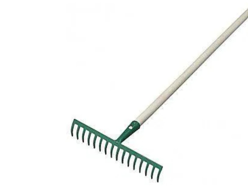 Hrábě kovové zelené, 16 zubů s násadou 160 cm.