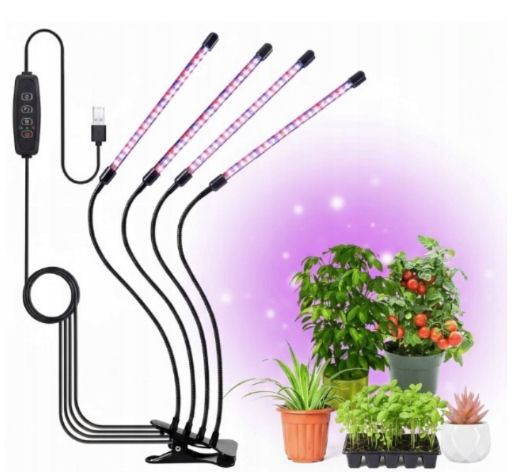 Lampa pro pěstování rostlin čtyřramenná s klipem.