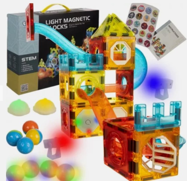 Magnetická stavebnice s dráhou pro kuličku - 77 dílků