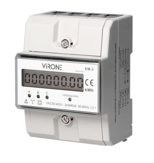 Třífázový digitální elektroměr EM3 80A, LCD, S0 impuls, DIN lišta