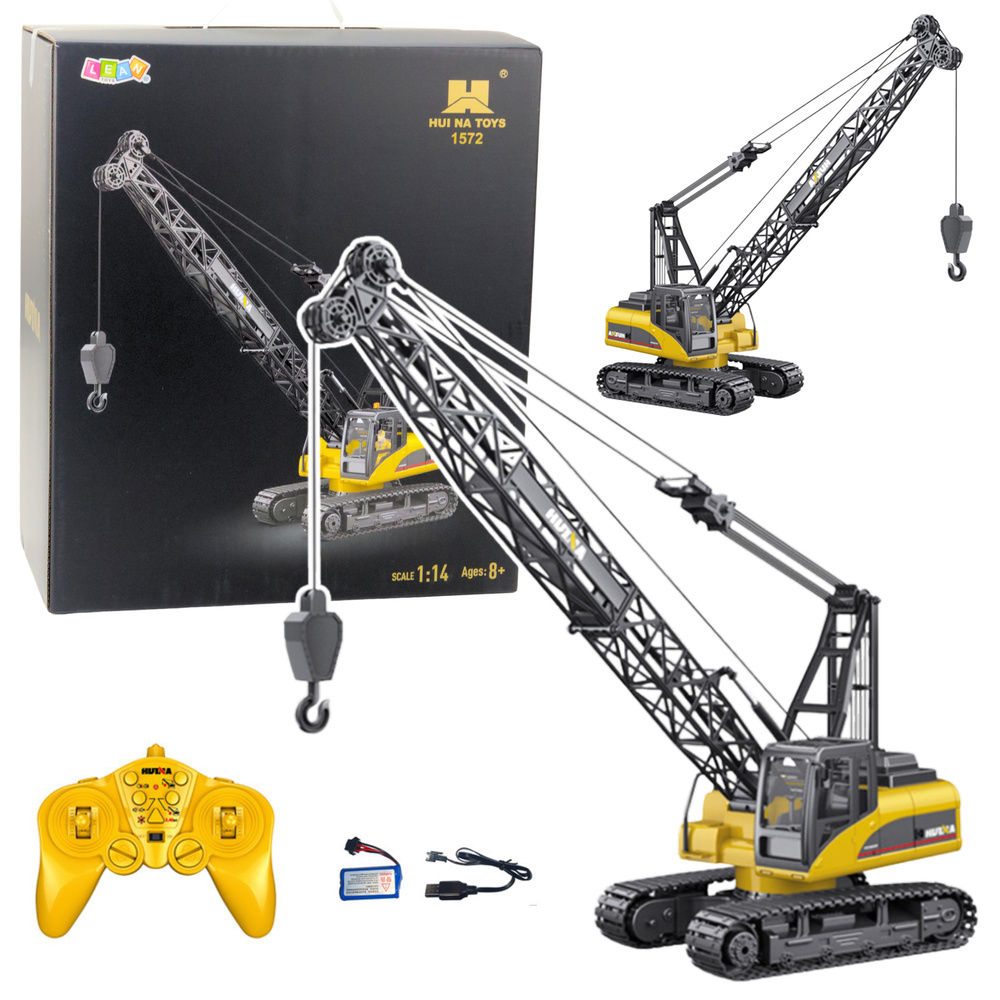RC pásový jeřáb HUINA 1:14 – kovový dálkově ovládaný stavební jeřáb, 15kanálový.