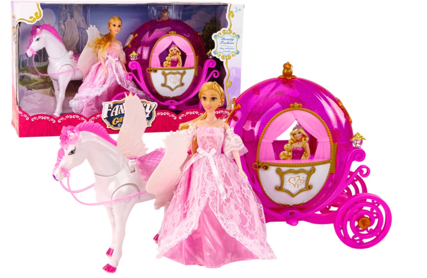 Kouzelný set s Pegasem, kočárem a panenkou princeznou – růžový kočár z pohádky