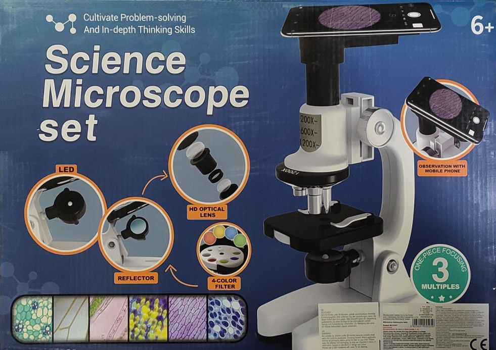 Vzdělávací mikroskop 1200× se sadou pro mladé vědce a držákem na mobilní telefon..