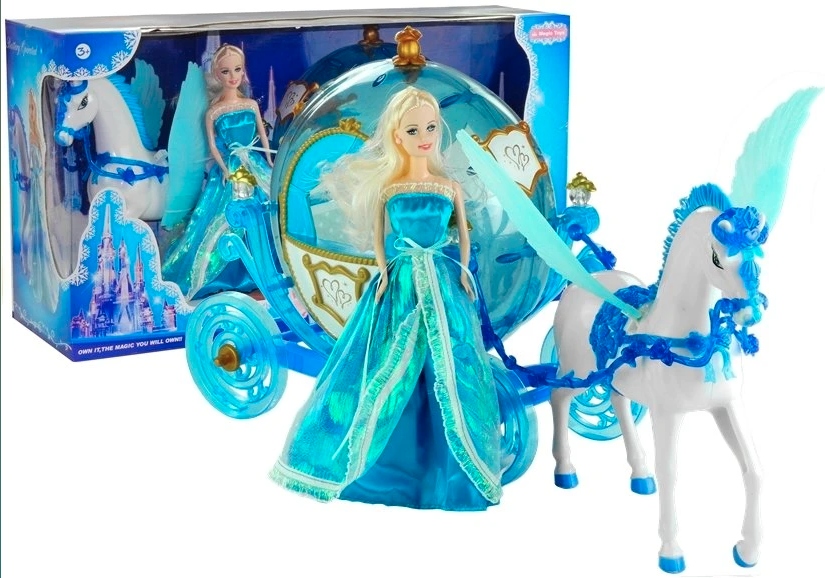 Kouzelný set s Pegasem, kočárem a panenkou princeznou – modrý kočár se svítícími světly
